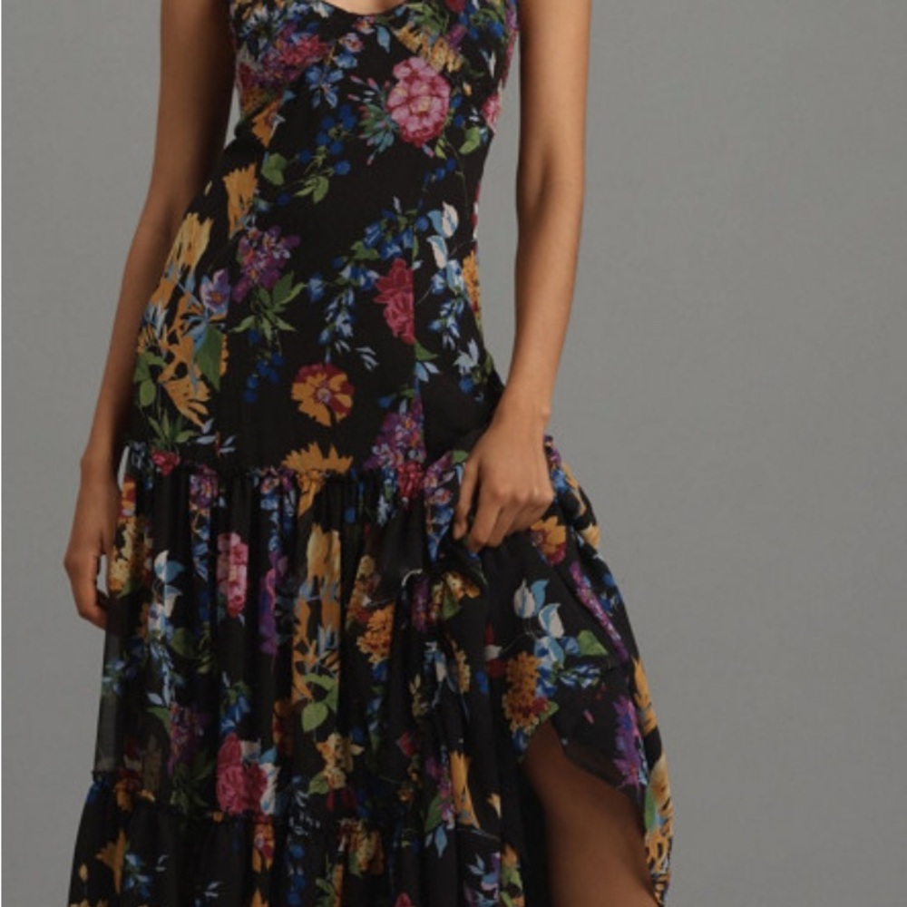 Anthropologie Sleeveless V-Neck Pleated Floral Black Maxi Dress